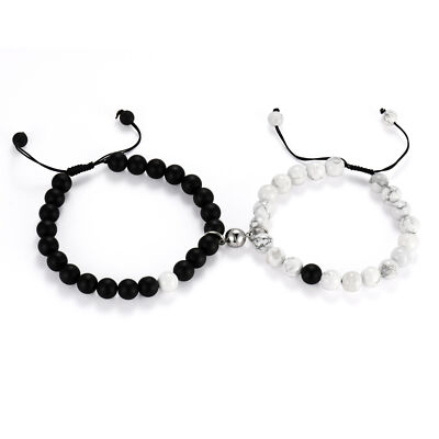 2pcs Couples Black Matte Agate & White Howlite Beaded Magnetic Distance Bracelet