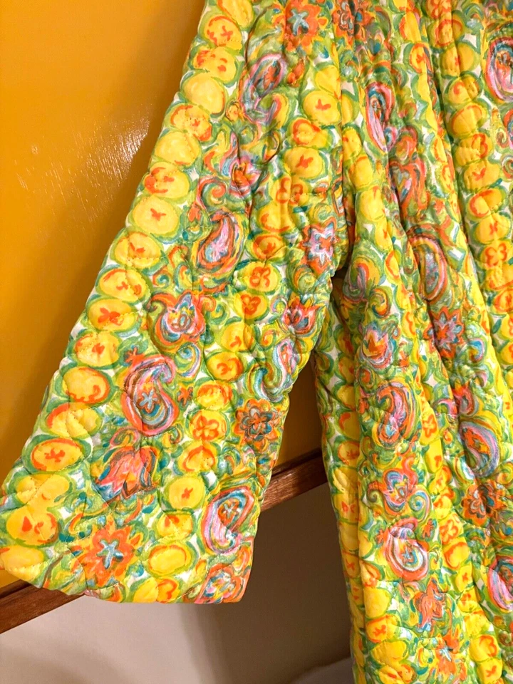 RARO De Colección Años 60 70 Psicodélico Acolchado Abrigo Bata M/L Bolsillos Abotonables Foto 4 de 4