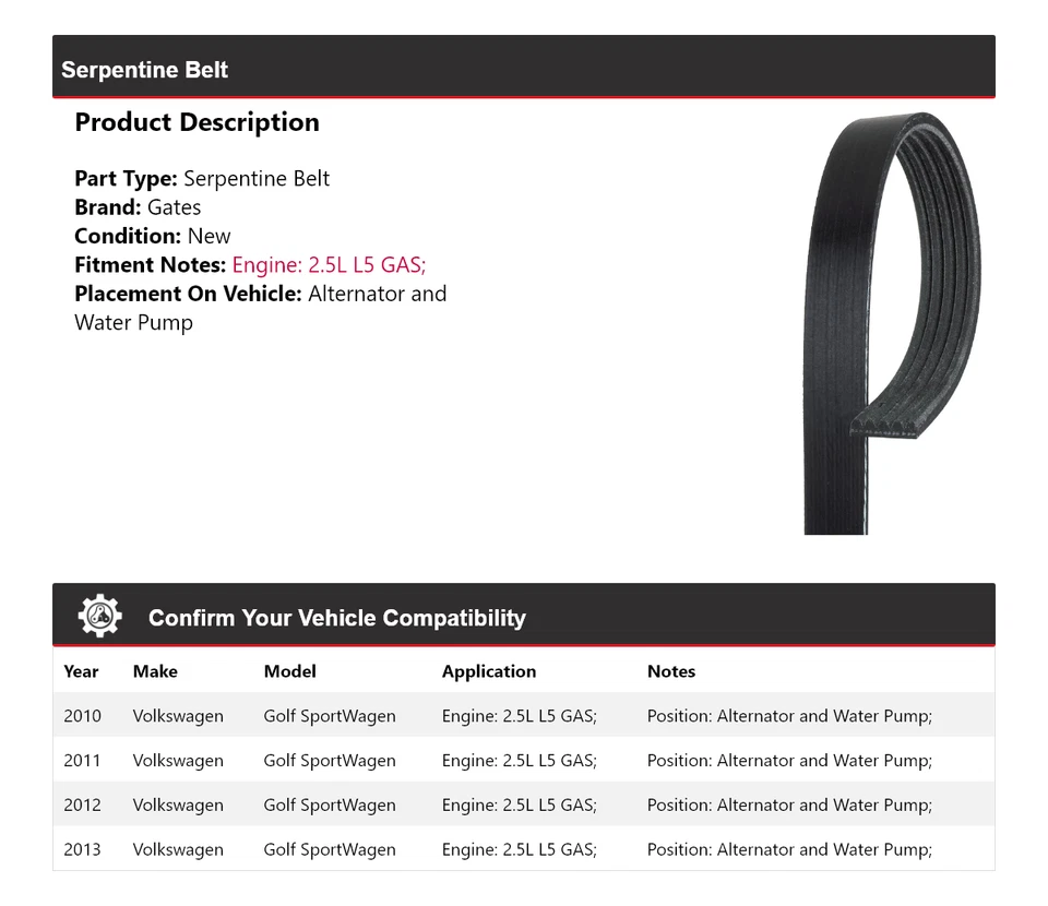 For 2010-2013 Volkswagen Golf SportWagen Serpentine Belt Gates 2011 2012 - Image 2 of 4