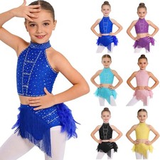 Girls Rhinestone Crop Top and Tassel Feather Briefs Skirt Ballet Lyrical Latin