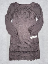 Eliza J Taupe Brown Lace Dress Sheer Sleeves Womens Size 2 Boat Neck Cocktail