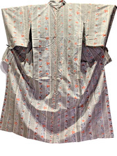 Unused Silk Tsumugi Kimono Gray S 60in Kasuri Polka Dot Japanese Vintage Mint