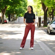 L.E.I 90s Y2K Women  s Size 11 Red Wet Look Satin Sm Flair Hi Waisted Pants VTG.