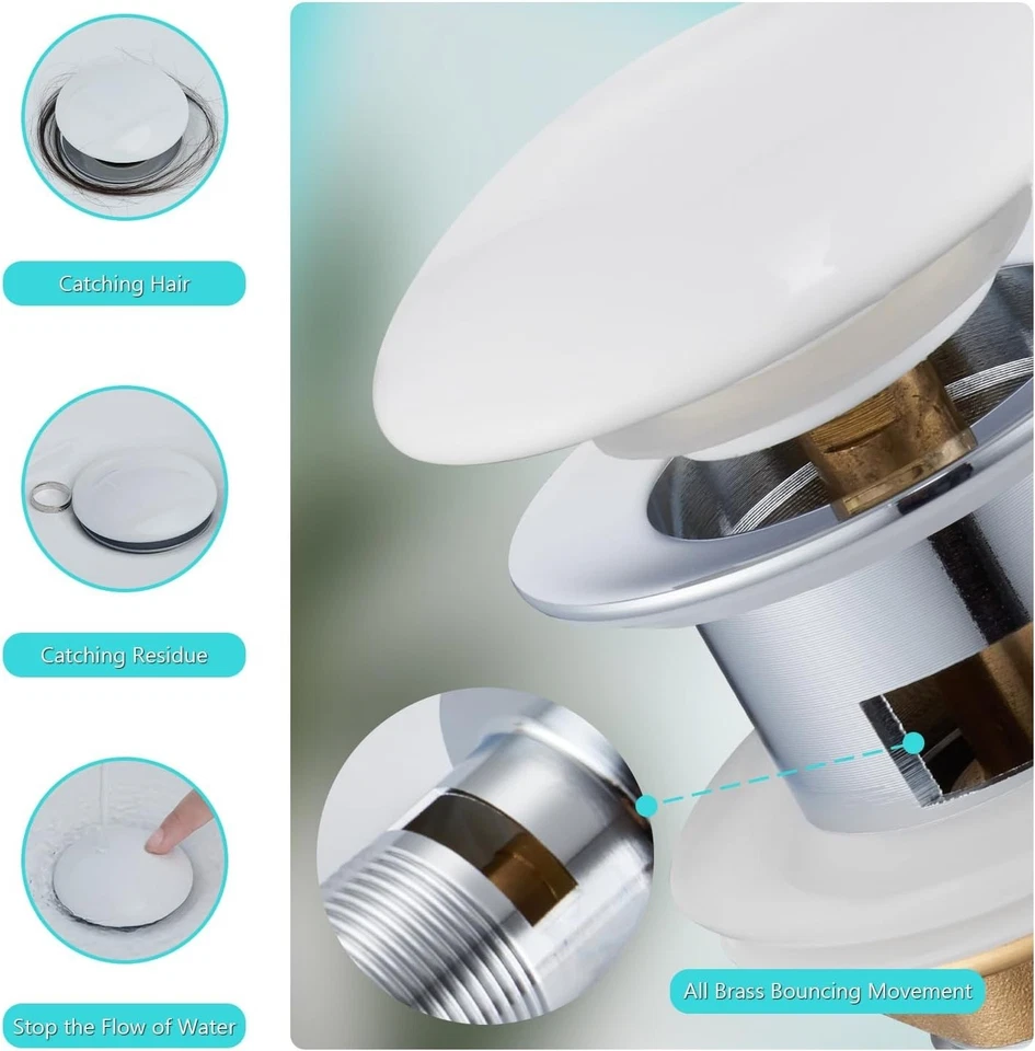 Ablaufgarnitur Waschbecken mit Überlauf Keramik Pop Up Ventil Weiß - Bild 4 von 4