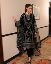 Fancy Collection Black Natural Crepe Salwar Kameez With Net Dupatta For Women