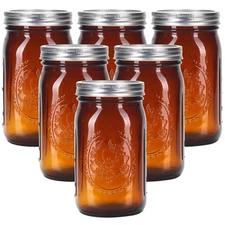 eleganttime Amber Glass Mason Jars 32 oz Wide Mouth with Airtight Lids and Ba...