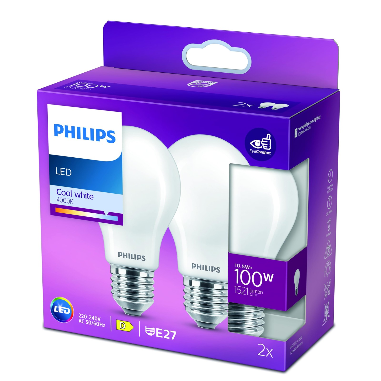 Philips LED E27 10.5W 1521lm: Kit 2 Lampadine Luce Fredda 4000K