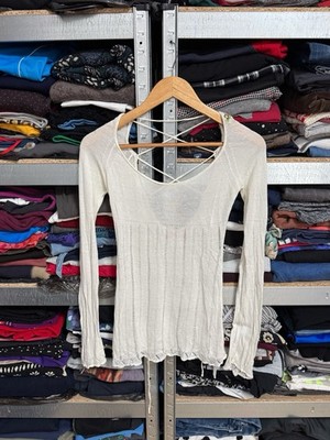 Miss Sixty Ribbed Knit Sweater Top Size S Lace Up Back Tie Ivory Y2K Boho