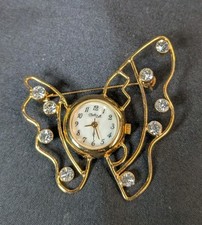 Women's Vintage Claudio Calli CC Gold Tone Crystal Butterfly Watch Brooch READ