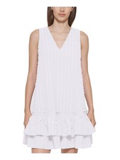 CALVIN KLEIN Womens White V-back Banded Waist Flutter Sleeve Dress 10