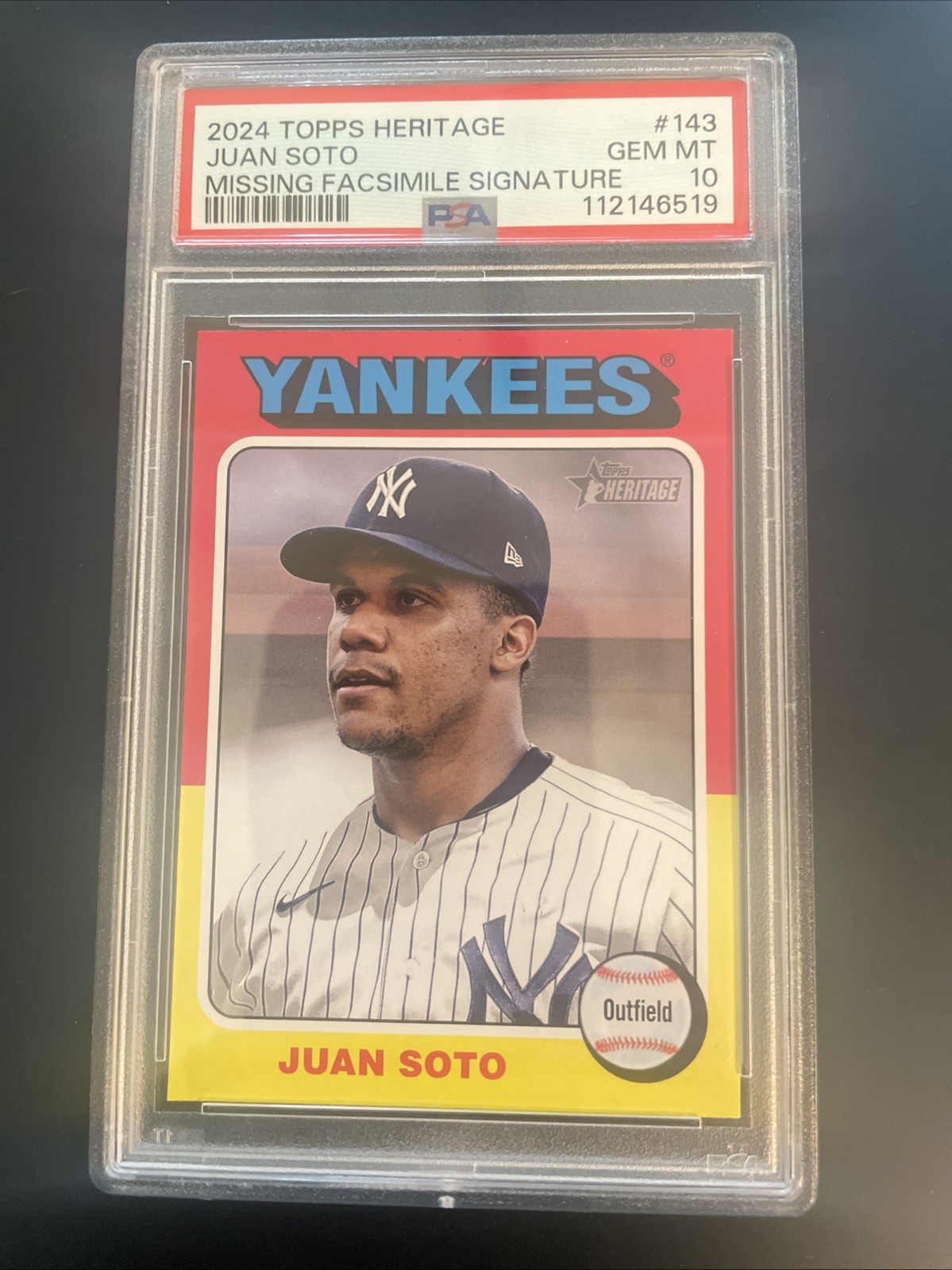 2024 Topps Heritage #143 Juan Soto Missing Facsimile Signature PSA 10 GEM-MT