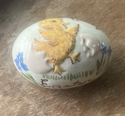 1972 Hand-Painted Ceramic Easter Egg Figurine Chick & Bunny Signed S. Amole