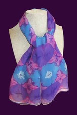 Vera Neumann oblong floral scarf; semisheer silk; 44x15; blue,pink purple, white
