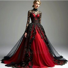 Black And Red Gothic Wedding Dress Long Sleeves High Neck Vintage Bridal Gowns