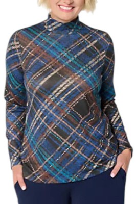 Susan Graver Women's Printed Metallic Knit Mock Neck Top Ink/Mallard