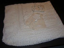 Vintage White crocheted Christening 36"x 32" Blanket, Baby Bib  Booties