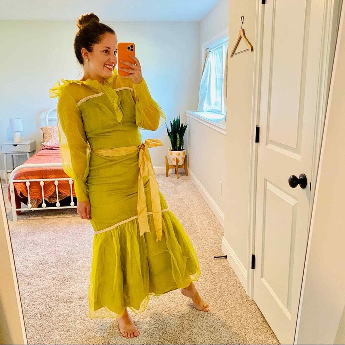chartreuse long sleeve dress Vintage Handmade Organza Green Chartreuse Long Sleeve Maxi Dress XS