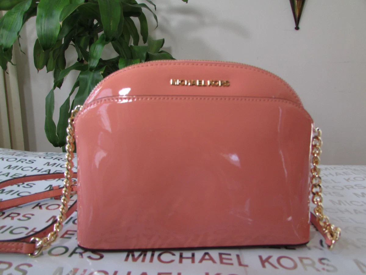 NWT Michael Kors Patent Leather Emmy Medium Dome Crossbody Peach