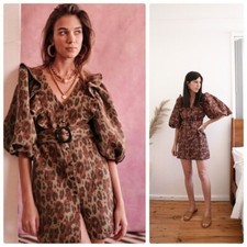 New Sezane Lia Jacquard Leopard Puffer Sleeves Dress Size US 4