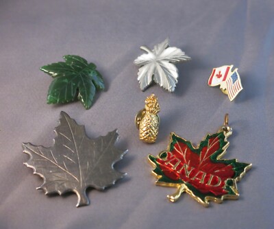 6 Canada Pins - Vintage Lot of  Leaves, Flags, Pineapple, Metal, Jade - Great!