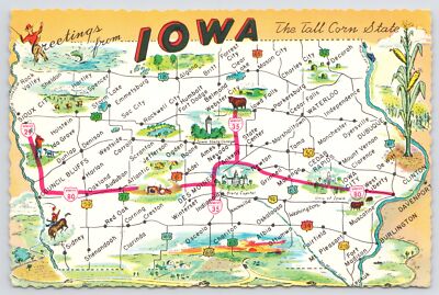 Iowa~State Map~City & Highway Labels~Farmland~Corn~Continental Postcard