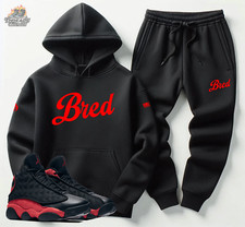 Men's Black Red Sweatsuit Hoodie Joggers To Match Air Jordan 13 Bred Tracksuit