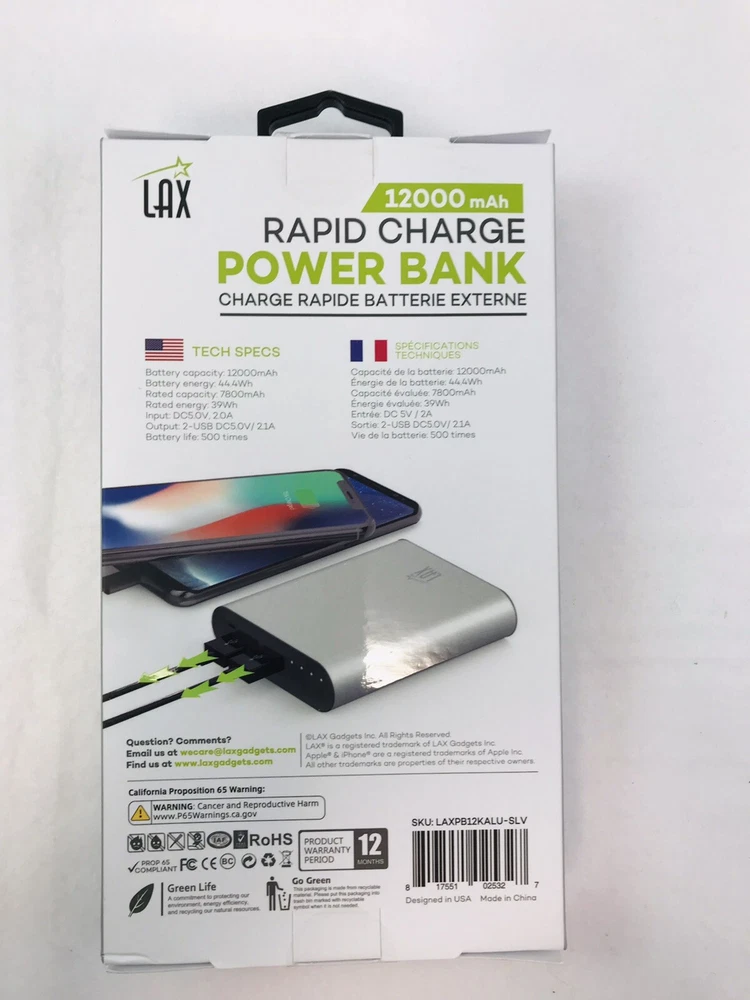 Power Bank Rapid Charge 12000mAh, Up To 6 Full Charges, 2 USB Ports, by LAX, NEW Power Bank Rapid Charge 12000mAh, Up To 6 Full Charges, 2 USB Ports, by LAX, NEW