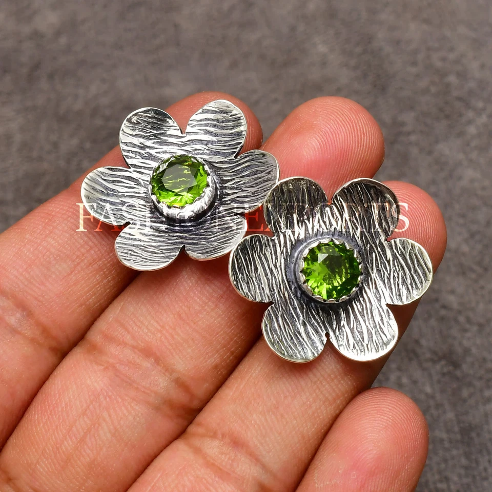Green Peridot Earrings Gemstone Handmade 925 Sterling Silver Jewelry 0.75 in" - Image 3 of 4