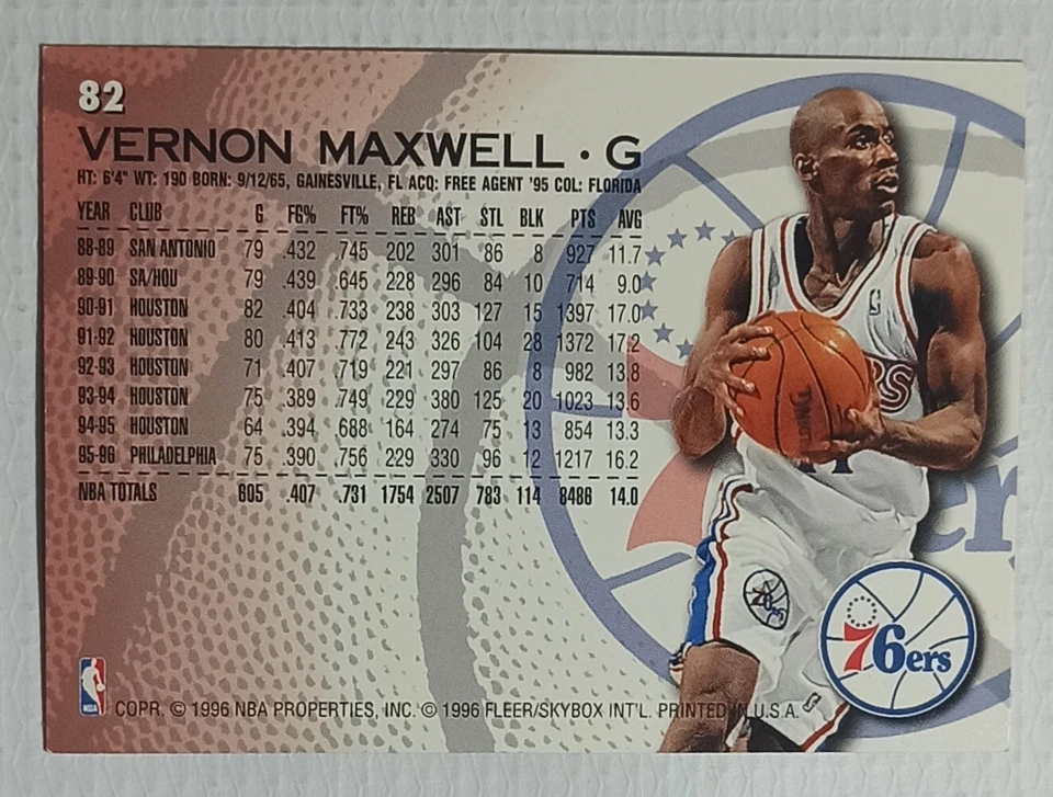 NBA FLEER 1996 / 97 # 82 76ers VERNON MAXWELL COLLECTIBLE CARD - Image 3 of 3