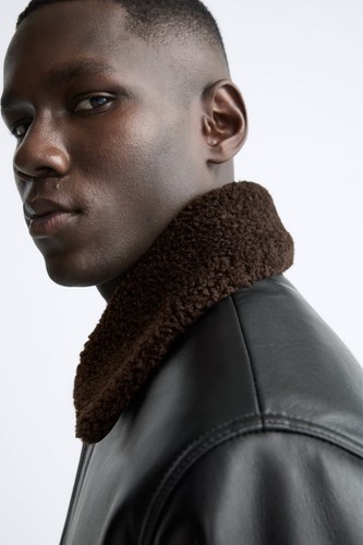 New Zara Aviator Leather Jacket w Faux Shearling S M L 5479/500 bomber biker - Picture 5 of 8