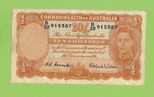 #D139.  1952 TYPE COOMBS / WILSON   TEN SHILLING  BANKNOTE  B28 915387