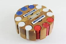 Vintage Wood Poker Chip Caddy Carousel Spinner 338 Plastic Chips w/ 2 Card Decks