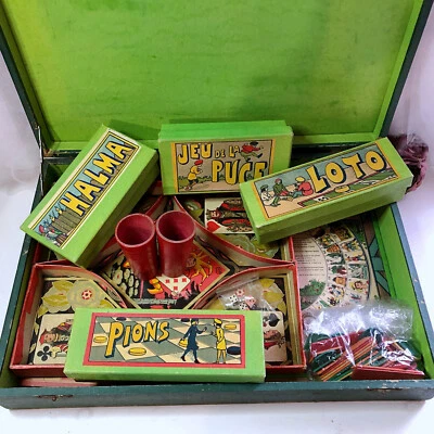 Ancienne mallette de jeux société XIXe avec plateaux pions jetons règles de jeux - Photo 1/4