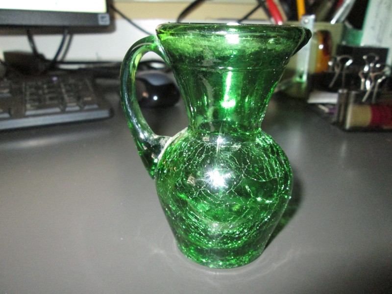 Vintage Green Cracked / Crackled Glass Pitcher/Vase 3 3/4 inches tall