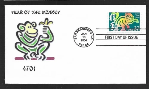 CHINESE NEW YEAR OF THE MONKEY YEAR 2004 RAYCAL  CACHET #2/5 MADE FDC UNADDDR