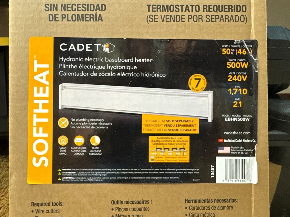 Cadet Softheat Hydronic Electric Baseboard Heater 240V 500W White EBHN500W NEW - Image 2 of 4