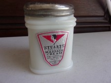 Vtg Stuarts Massage Cream Jar, Newark New York,Foil Label,Metal lid,Milk Glass