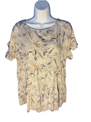 Final Touch Gray/Tan/Gold Boho Tiered Flowy Women s Blouse Medium