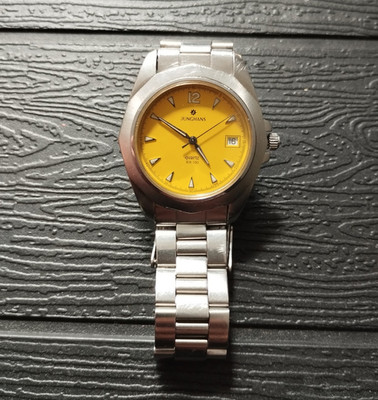 Junghans Quarz Armbanduhr Edelstahl gelbes Zifferblatt Datum WR 100m