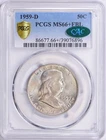 1959 D Franklin Half PCGS MS66+ FBL CAC Gold Shield Holder