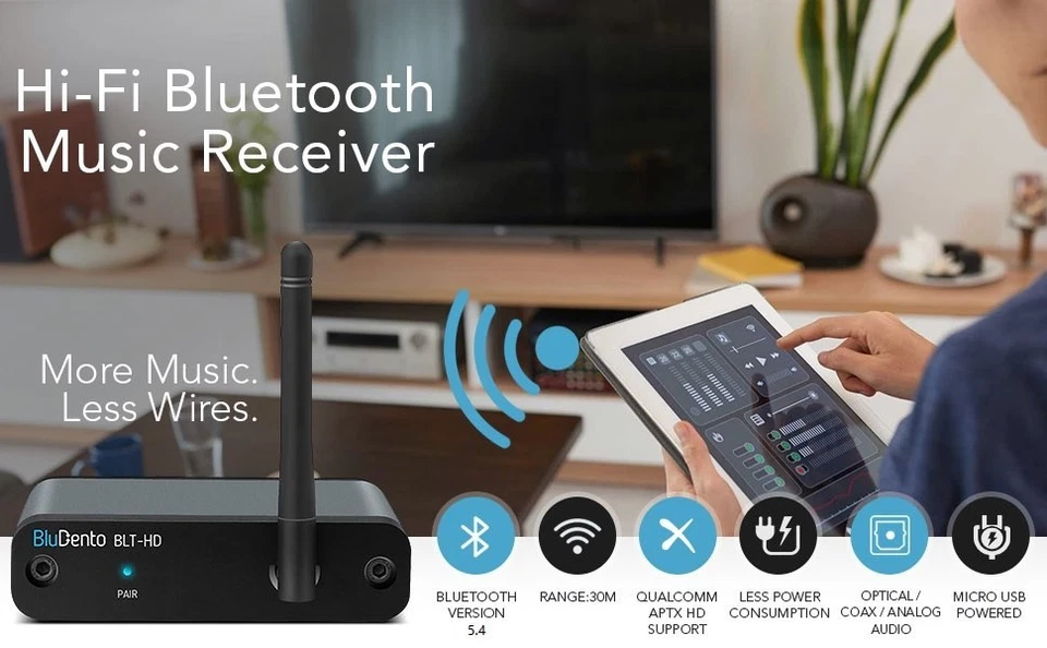 BluDento BLT-HD True Hi-Fi aptX HD Bluetooth 5.4 DAC Receiver OPTICAL COAX - Image 2 of 4