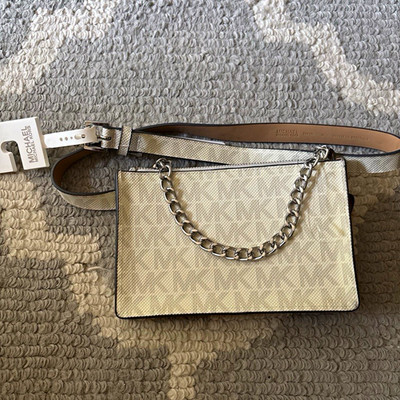Michael Kors Beige Small Crossbody Bag Zip Closure Chain Accent Detachable Strap