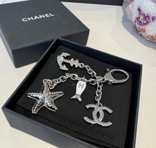 Ocean Theme Silver Metal Bag Charm Keychain with Starfish Anchor Fish Gift Box