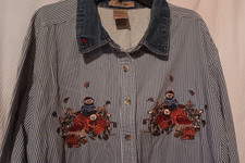 Vintage Just My Size Denim Women's 22/24W Striped Embroidered Fall Shirt Bears