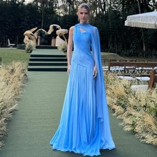 Elegant One Shoulder Chiffon Evening Dress with Pleated Floor Length Bridal Gown