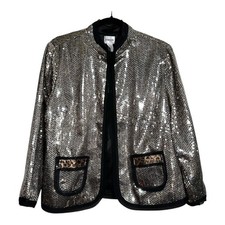 Sequin Jacket Gold Silver Animal Print Trim Party Holiday Chico's 2 NWOT