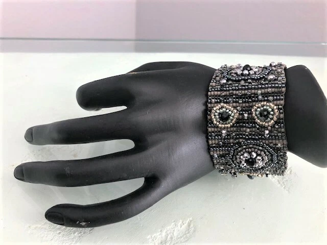 Czech Glass 9 Circle Beaded Shades of HEMATITE, TAUPE Cuff Bangle - Image 2 of 3