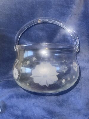 Etched Flower Vintage Crystal Glass Basket Pasabahce Turkey 6'' X 7'' Perfect