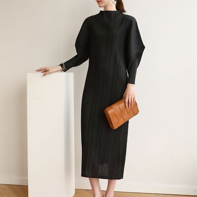 high neck loose dress Women's Fashionable Grey Satin High-neck Long-sleeved Loose-fitting Maxi Dress