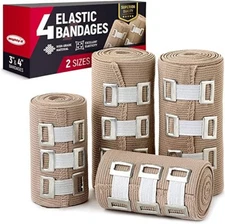 Premium Elastic Bandage Wrap 4pack (2x3", 2x4") + 12 Extra Clips